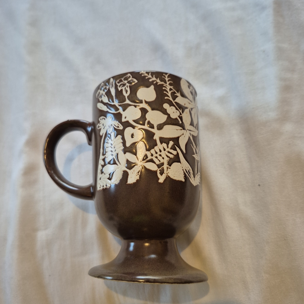 Vintage 1970s Brown Floral Stoneware Mug